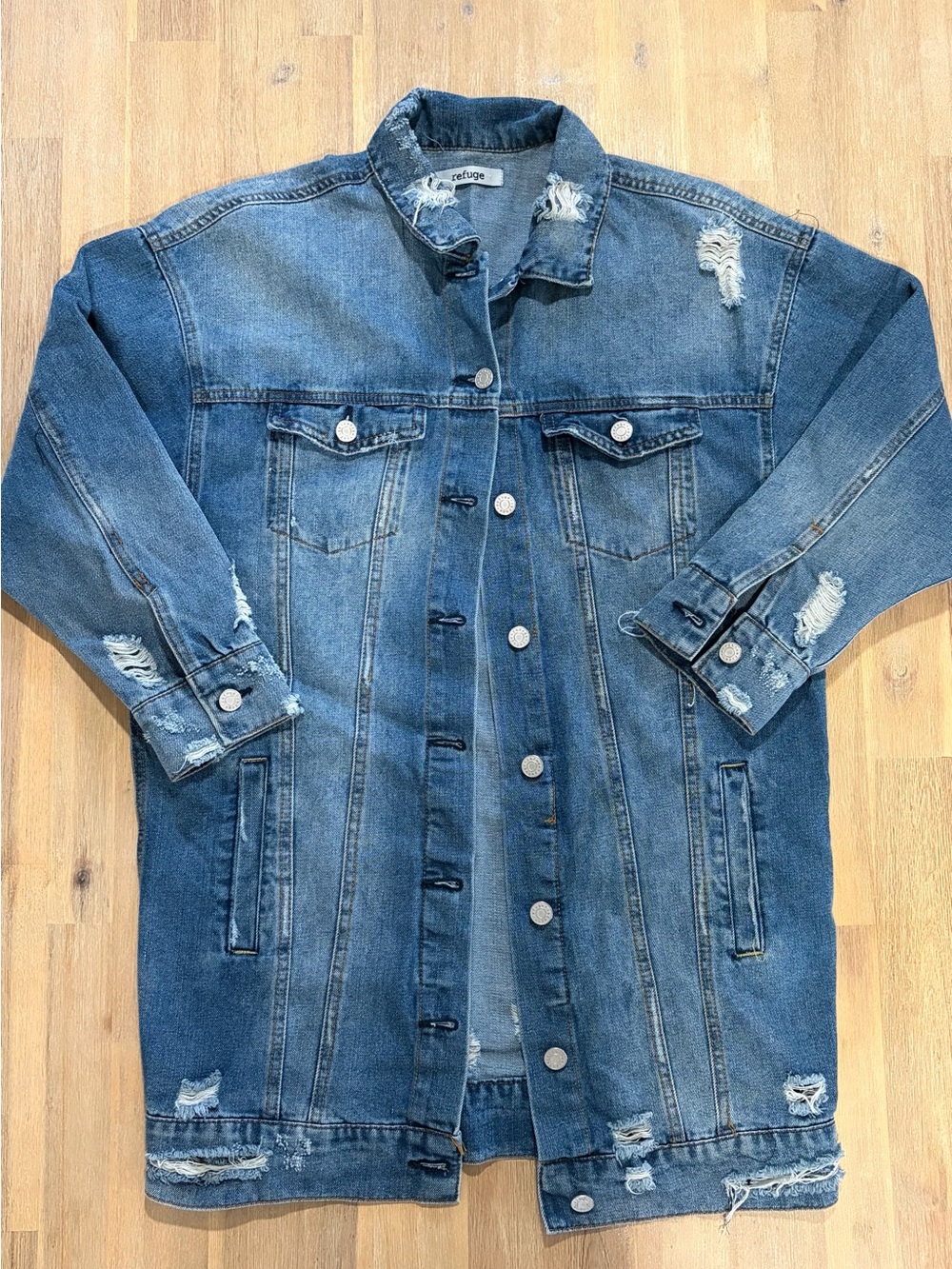 refuge Distressed Long Denim Jacket - Blue